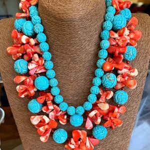 Carved Turquoise and coral three strand necklace sterling silver necklace